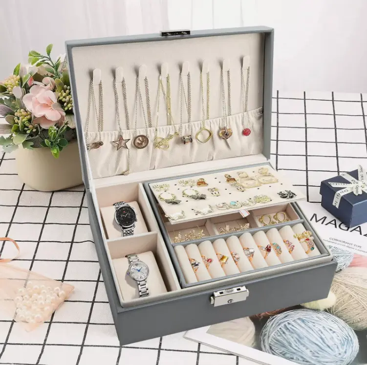 2 Layer Grey Jewellery Box Organizer Rings Necklaces Jewellry Storage Case Box
