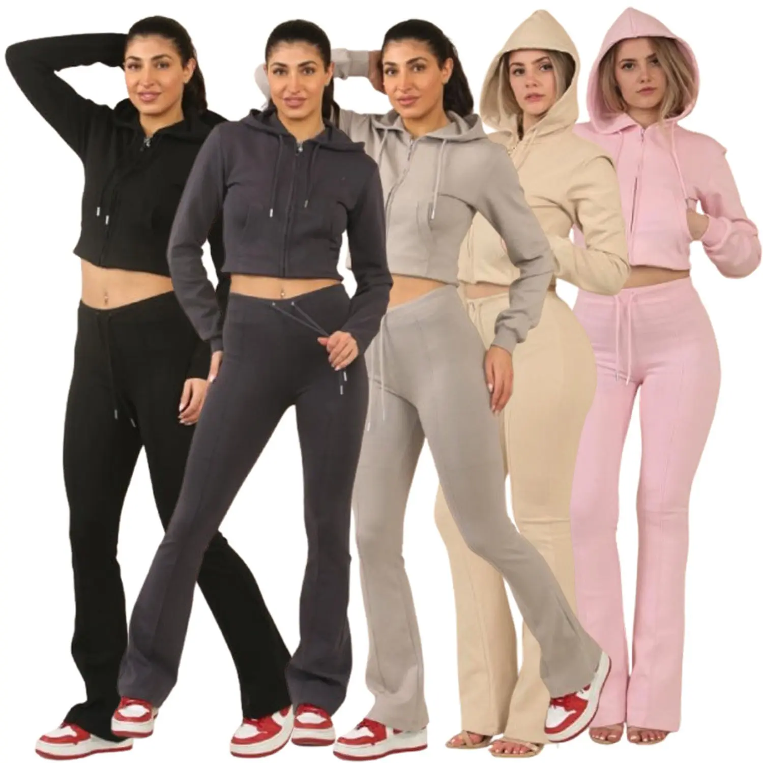 Women's Interlock Tracksuit Set Cropped Full Zip Hoodie Bell Bottom Trousers Comfort Fabric Retro Womenswear Adjustable Jogger Love Chic Clothes Cotton