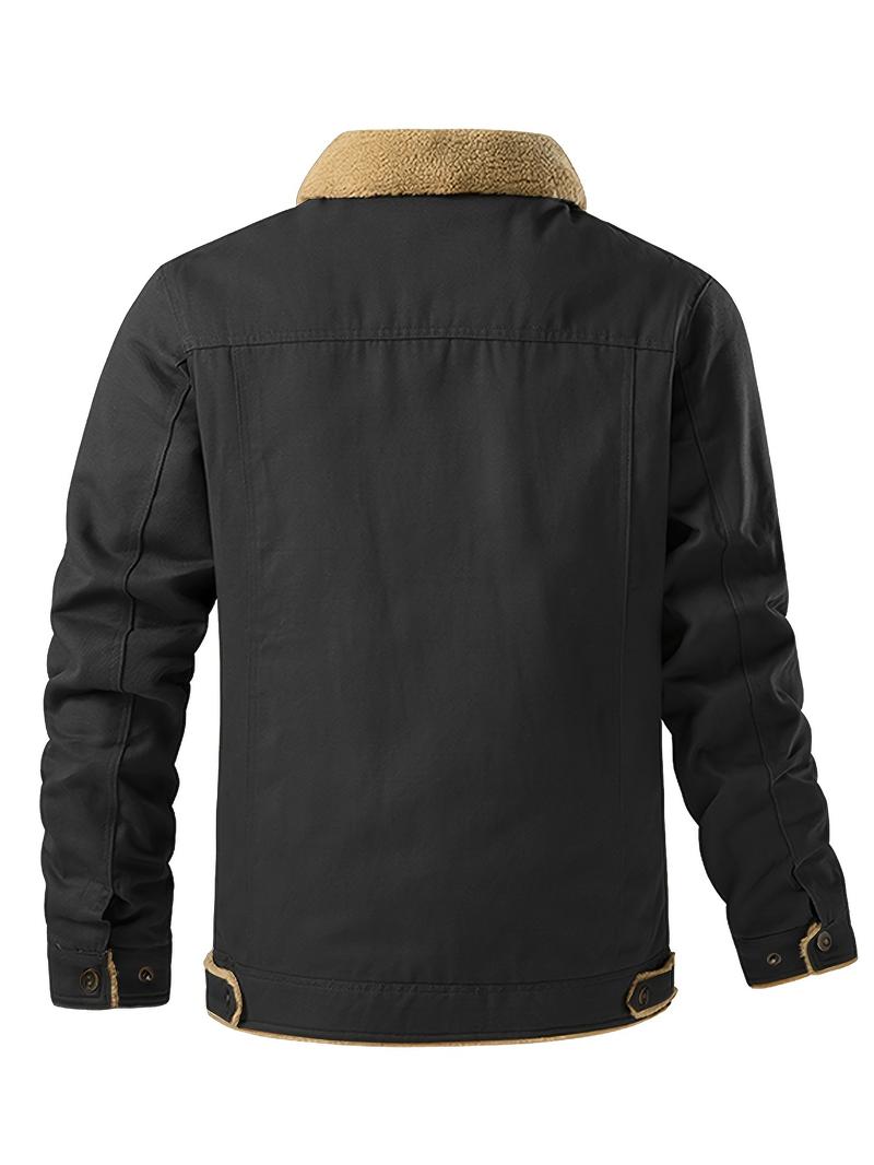Product Introduction of Men's Fashion Trendy Cotton Fleece-Lined Jacket, Casual Workwear Outerwear with Sherpa Collar, Button-Up, Multiple Pockets Menswear Coats Tops Underwear Long Sleeve Beige Human Tights Plain Longsleeves Collared 2