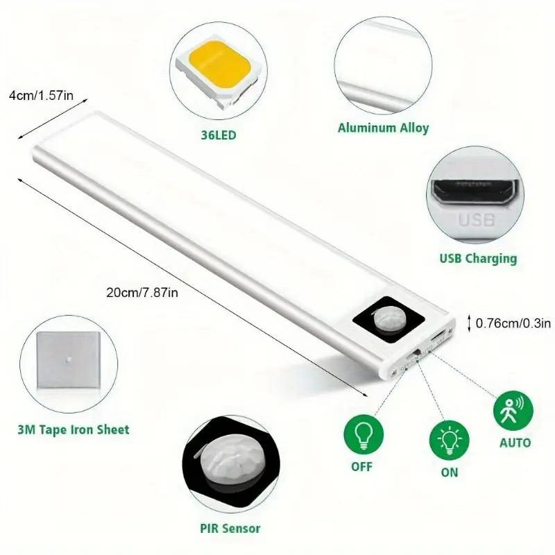 AIBOO 4 Pack Set 20CM 8 Inch LED Motion Sensor Lights, Wireless USB Light Rechargeable 72LED Under Cupboard Kitchen Lights With Magnetic For Wardrobe Stair Cupboard Lights 2
