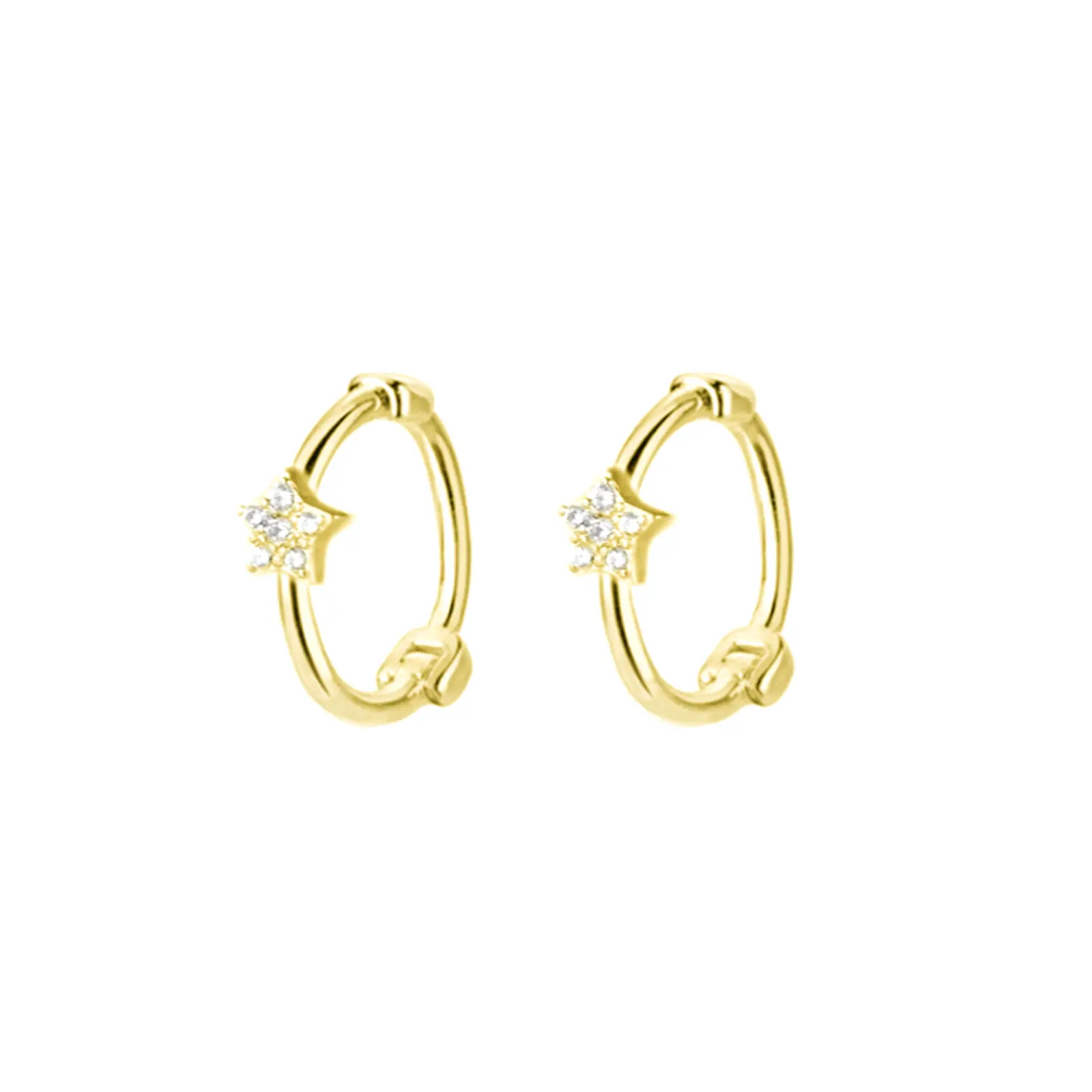 18K Gold on Sterling Silver Star CZ Hinged 9mm Hoop Huggie Earrings small  silver