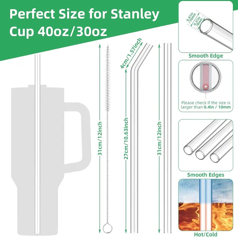Replacement Glass Straws for Stanley Cup 40oz, 8Pcs 31cm Long Diameter 1cm Borosilicate Glass Straws Set with 2Pcs Cleaning Brush, Extra Long Straws Compatible with Stanley 30/40oz Adventure Tumbler Drinkware Mug 1