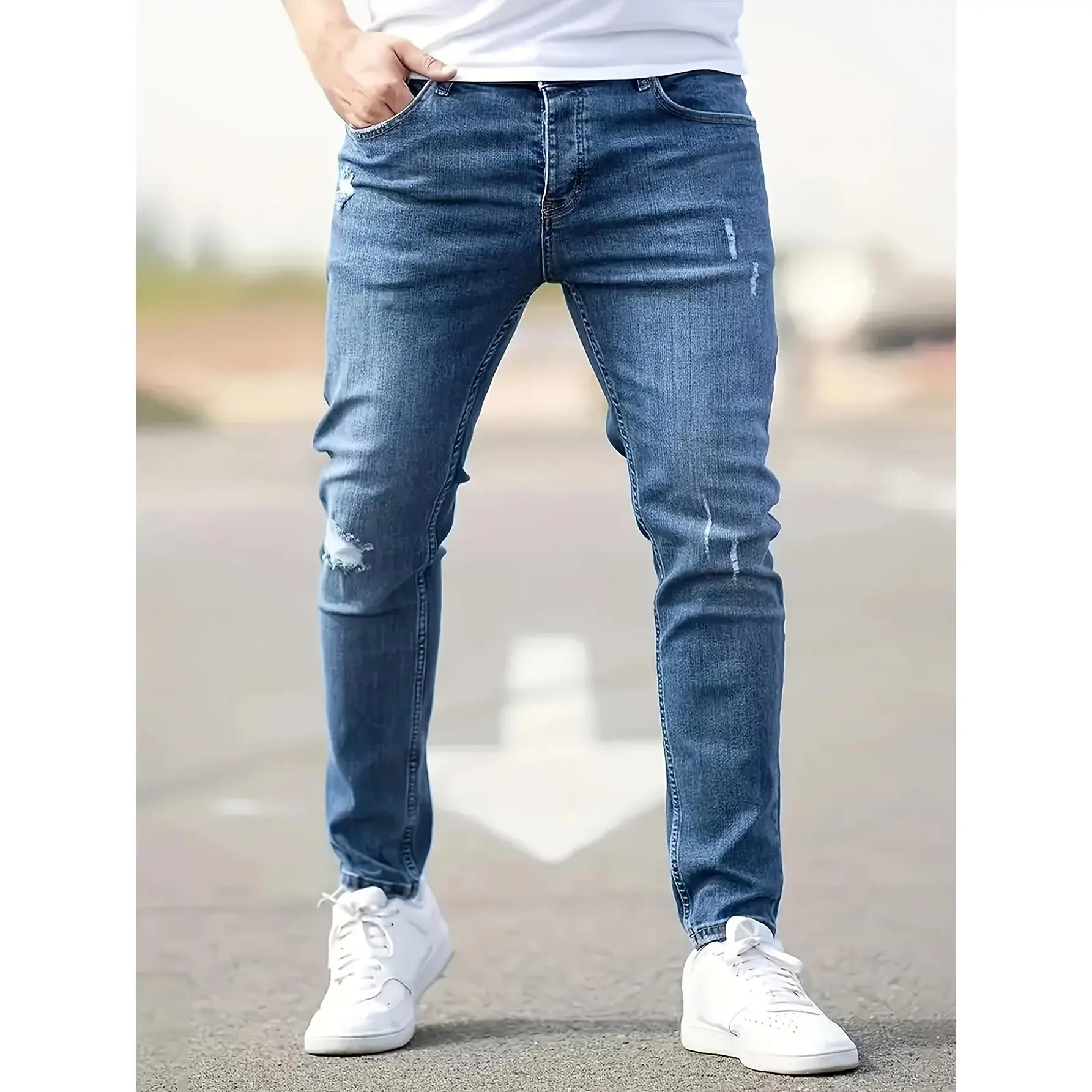 Ripped Design Cotton Slim Fit Jeans, Men's Casual Street Style Leg Mid Stretch Denim Pants For Spring Summer