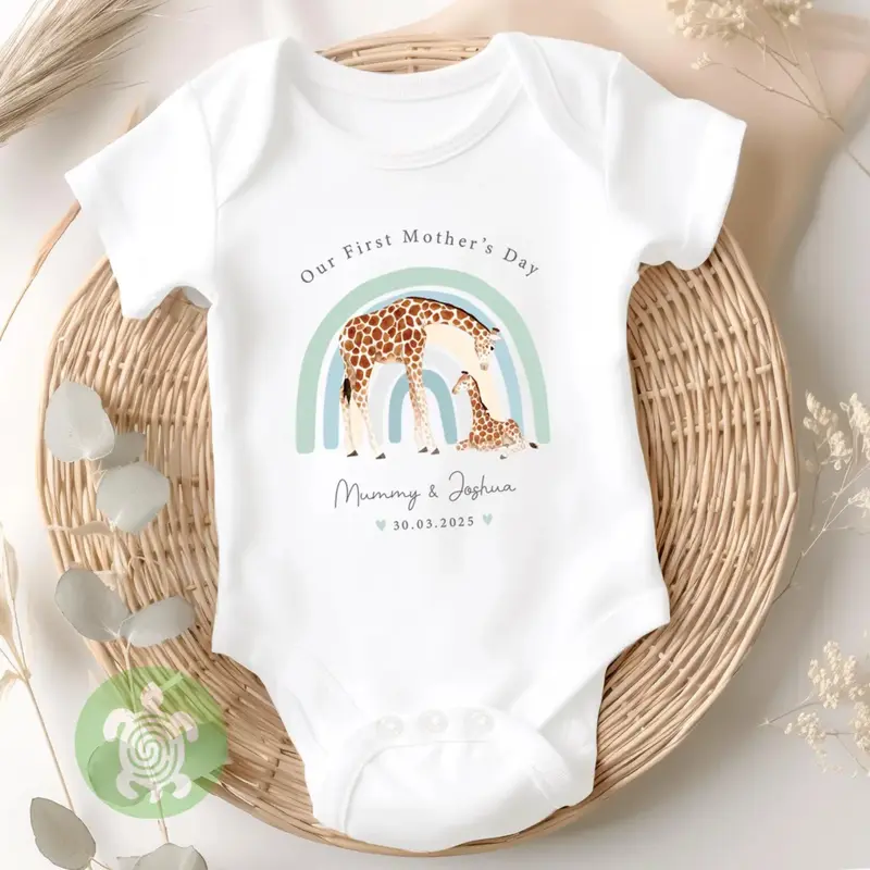 Our First Mothers Day, Giraffe Green Rainbow Mother's Day, Personalised Mothers Day Babygrow Sleepsuit Gift, Mothers Day Baby Boy Girl vest Outfit 1