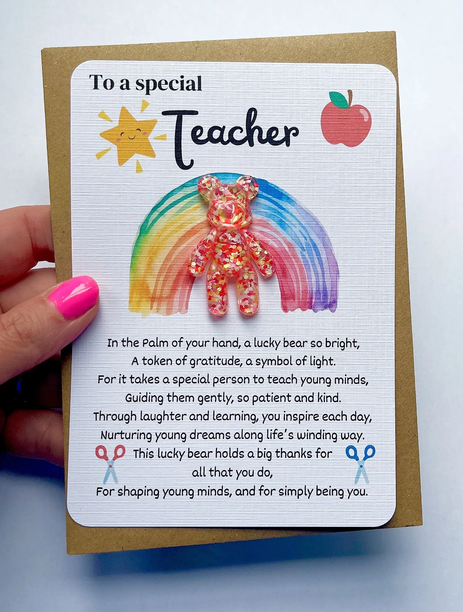 Thank You Teacher Pocket Bear Gift Single Sided Card, Teaching Assistant, End Of Term Gift, Keepsake Present Ideas, Worry Bear