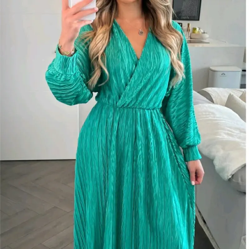 Mina Crinkled  V-Neck Maxi Dress Chic Casual Elegant 1