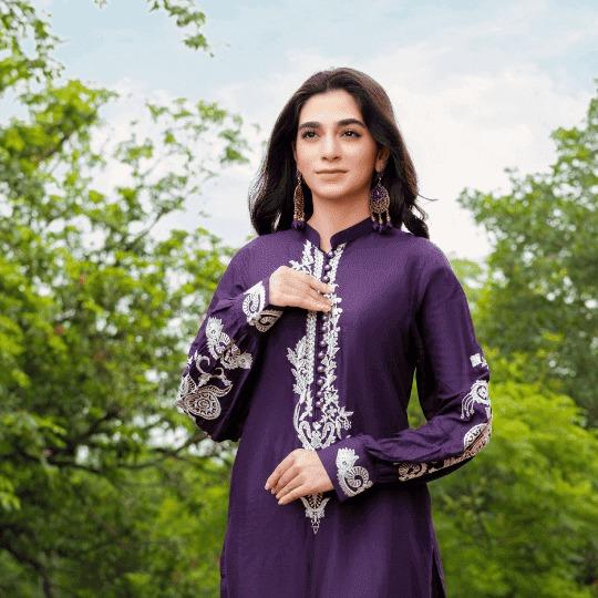 Haneen Collection By Momina Designer | PD-440-11 | - 2 Piece Stone Linen Embroidered Kurti With Trouser For Women Dress Traditional Womenswear Clothing 3