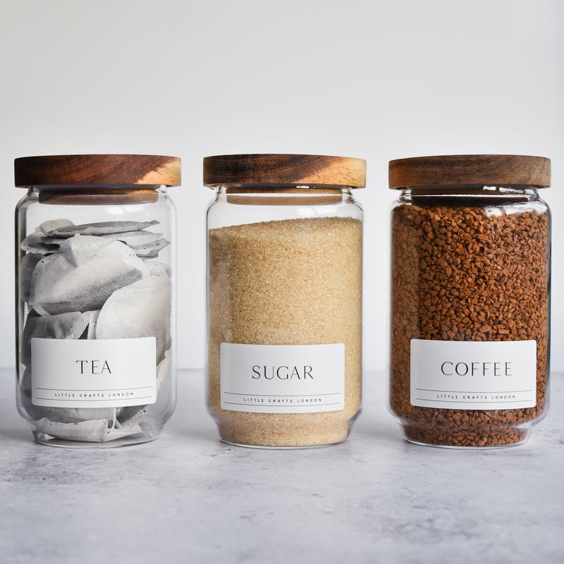 Set of 3 Acacia Glass Jars Tea, Coffee and Sugar 750 ML | Tea Coffee Sugar Canisters [LABEL SLIM] Airtight Containers 0