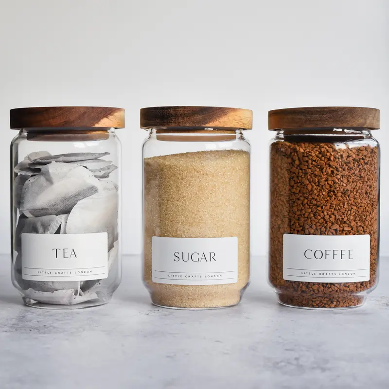 Set of 3 Acacia Glass Jars Tea, Coffee and Sugar 750 ML | Tea Coffee Sugar Canisters [LABEL SLIM] Airtight Containers 0
