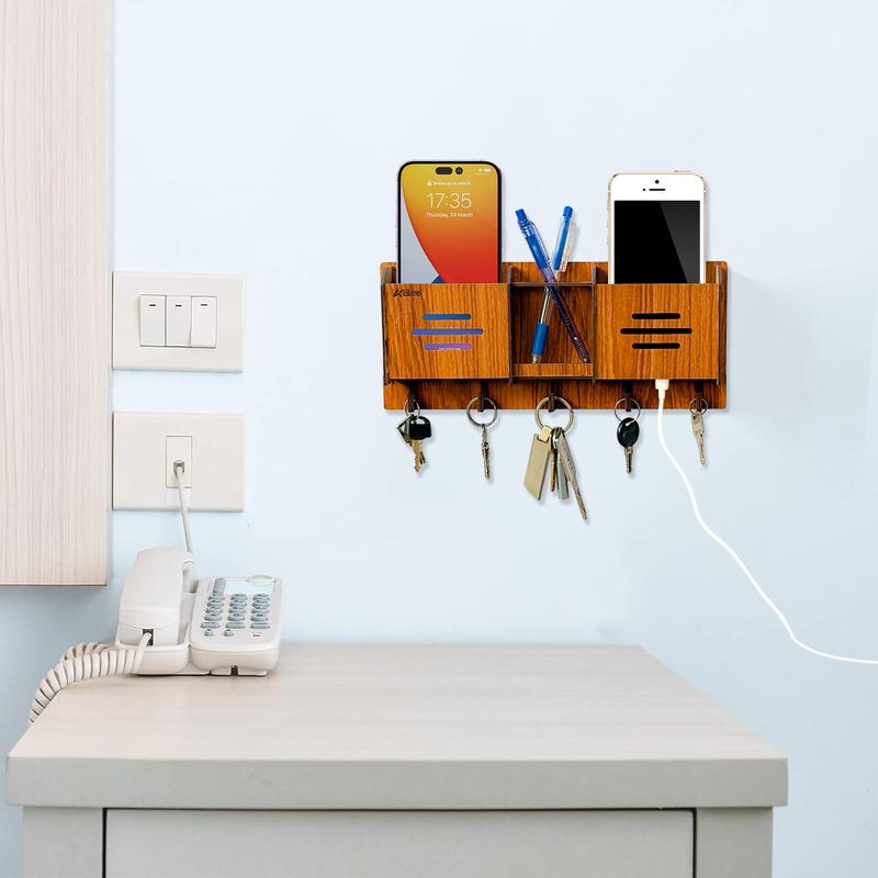 Wooden Key Holder For Home Decoration Wooden | Wall-Mounted Key Hanger with Mobile Charging Slots – 5 Key Hooks | 2 Phone Pockets, Extra Storage Slot | Modern Organizer for Home 1