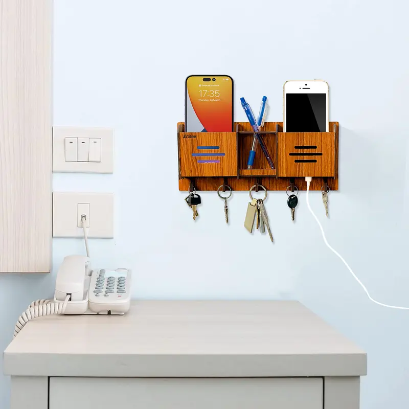 Wooden Key Holder For Home Decoration Wooden | Wall-Mounted Key Hanger with Mobile Charging Slots – 5 Key Hooks | 2 Phone Pockets, Extra Storage Slot | Modern Organizer for Home Installation Hanging 1