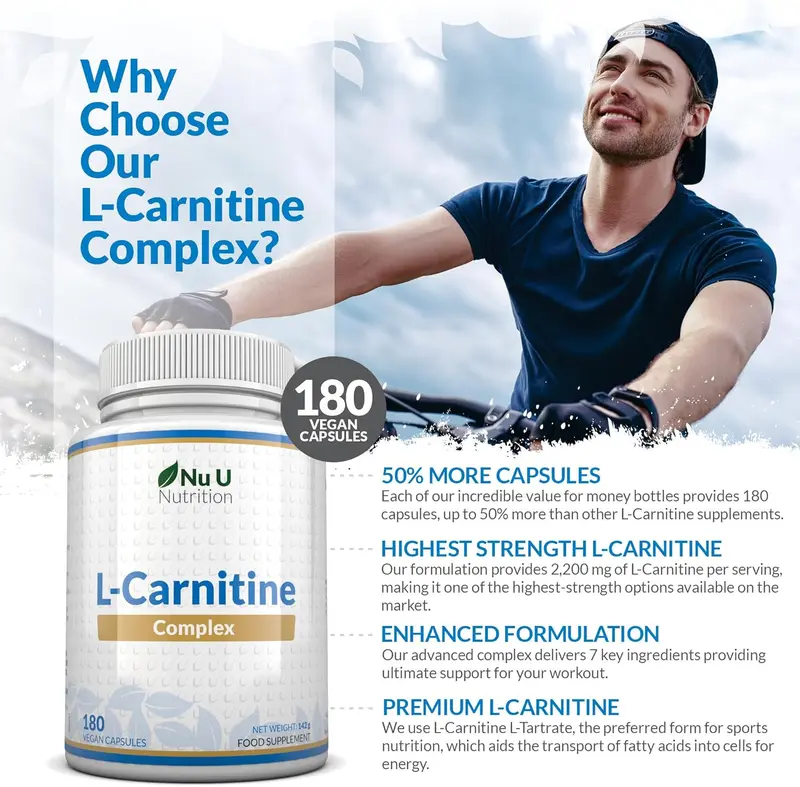 L-Carnitine Complex 2200mg - 180 High Strength Vegan Capsules - with Riboflavin, Biotin, Chromium, Vitamin D, B3 & B6 - L Carnitine Tartrate Supplement - Made in The UK - Nu U Nutrition 2