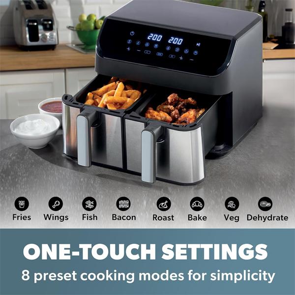 Daewoo Digital Double Drawer Air Fryer with Sync Function, Use Less Oil for Healthier Baking, Roasting and Grilling, 8 pre-set cooking Programs, 9 Liters, Family Sized, Black 5