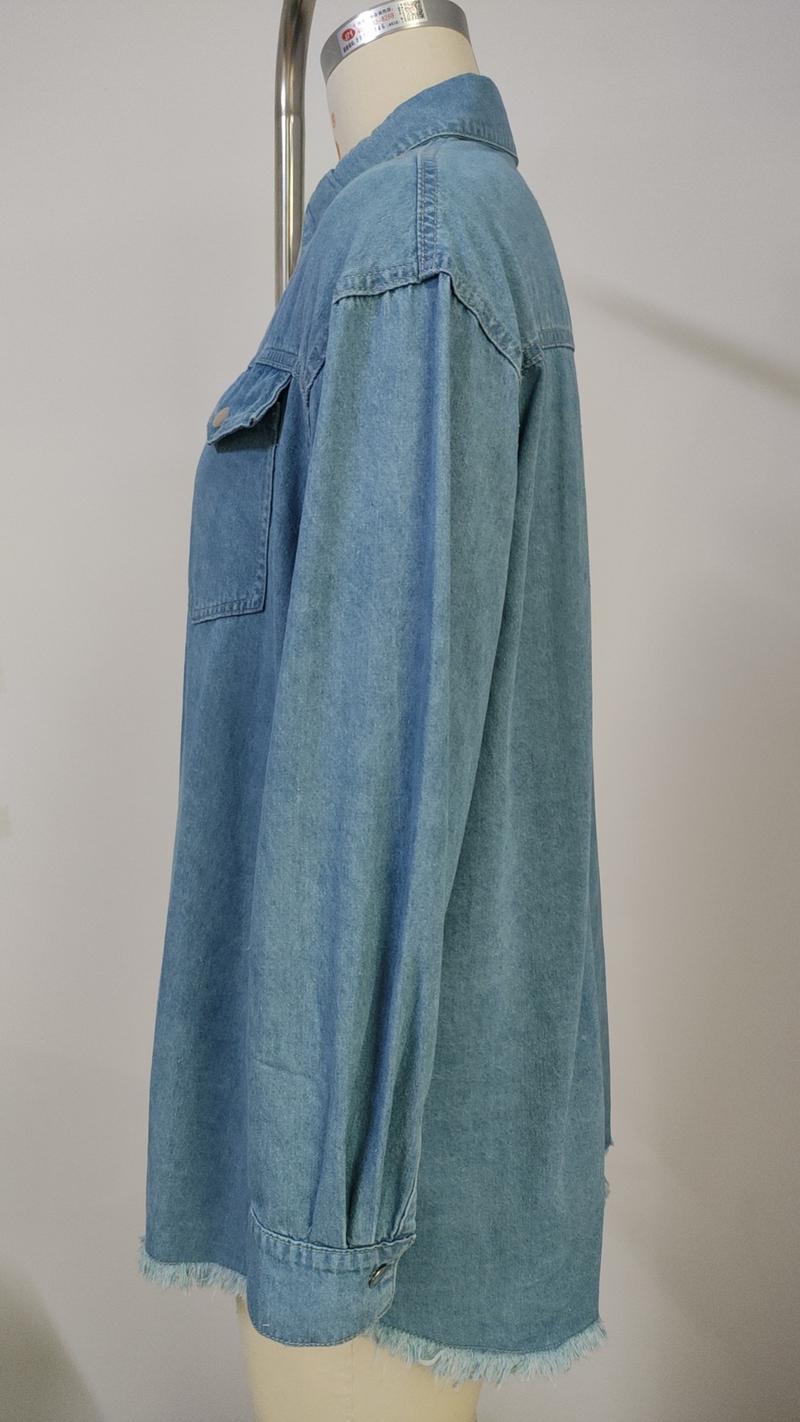 Product Introduction of 2025 new women's washed raw edge denim long sleeve lapel top 13