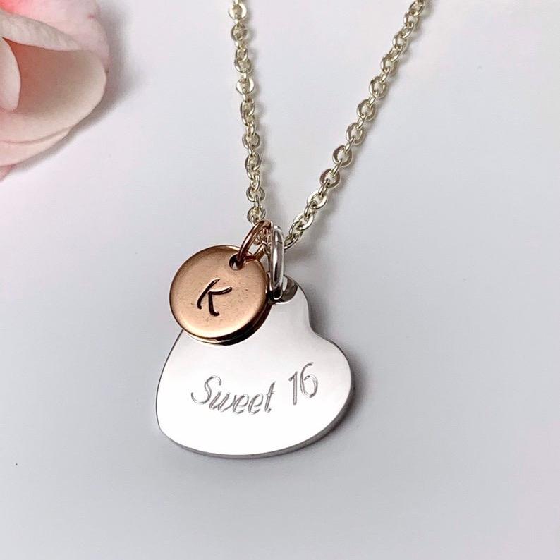 Sweet 16 16th Birthday Necklace Personalised with Initial Silver Plate Chain & Rose Gold Birthday Daughter Friend Niece Present 0
