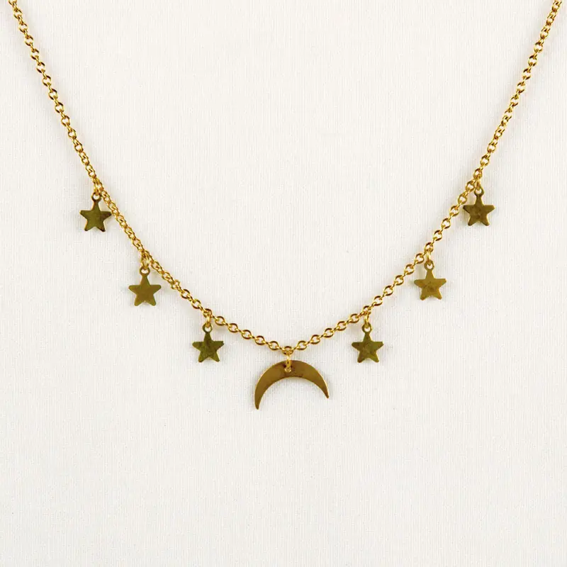 Gold Plated Celestial Moon & Stars Hanging Charm Necklace 1
