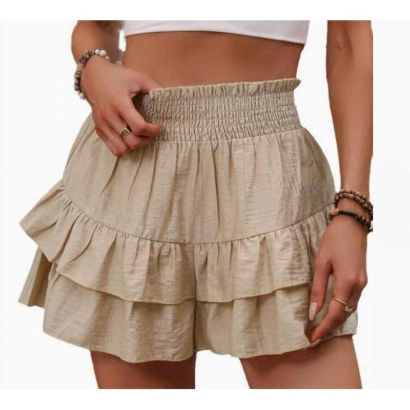 Women's Frill Trim Ruffle Hem Shirred High Waist Shorts, Boho Casual Tiered Layer Shorts for Spring & Summer, Summer Shorts for Women, Back To School, Ladies Elegance Minimalist Shorts, Wide Leg Shorts for Women, Ruffle Shorts 0