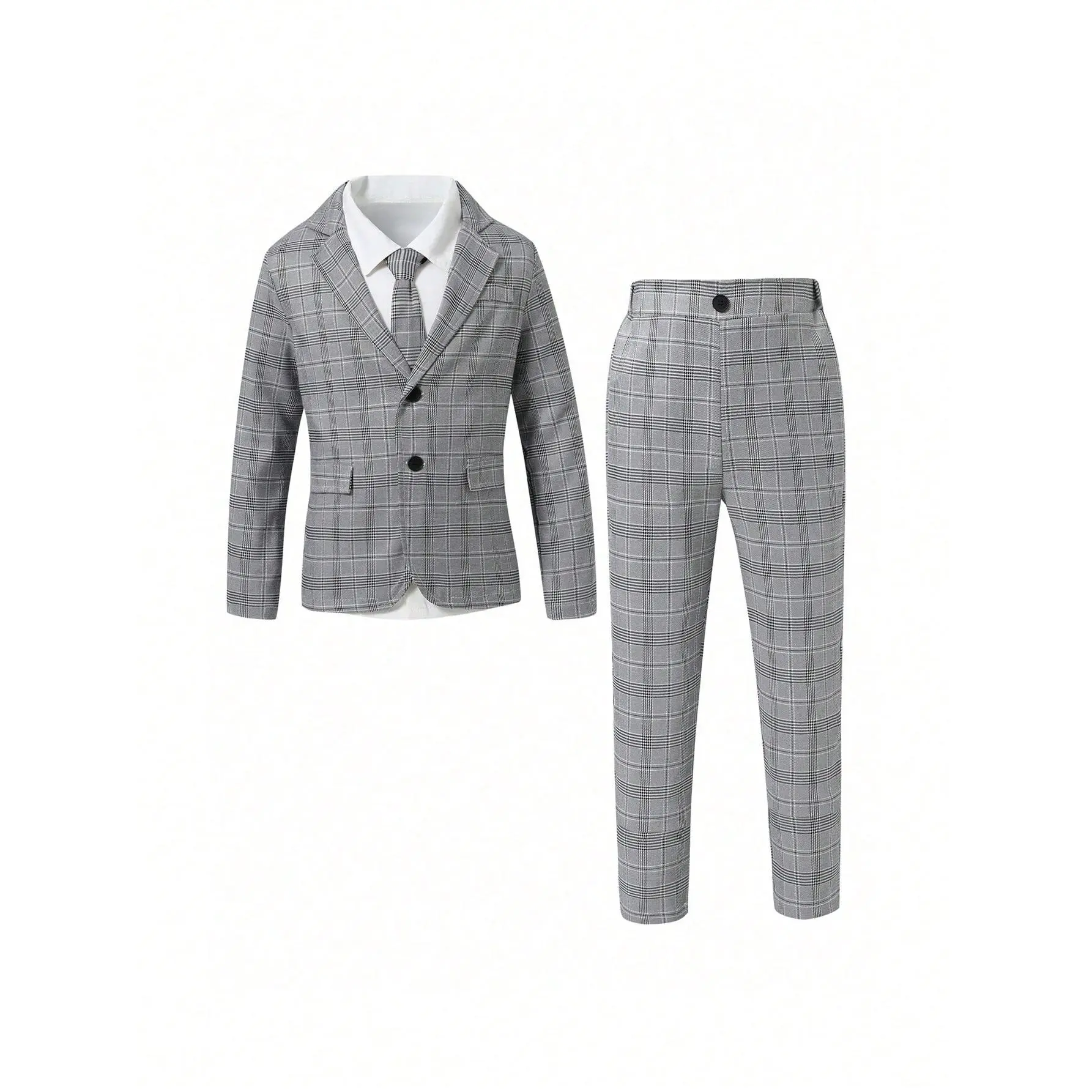 Young Boy Gentleman 2-Piece Set: Plaid Blazer Jacket + Long Pants Suit, Elegant Formal Outfit For Birthday Party, Evening Event, Wedding, Christening, Anniversary