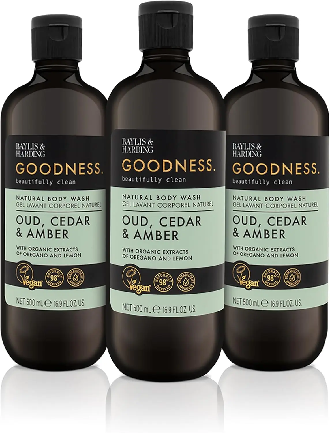 Baylis & Harding Goodness Oud, Cedar and Amber Body Wash, 500 ml (Pack of 3) - Vegan Friendly Skin Repair Skin Care Cleanser Cleansing Comfort Body Care Lemon Gentle Nourishing Scent Gel Cosmetic