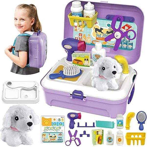 Kids Vet Kit Dog Grooming Toy Pet Care Role Play Games Animal Dolls Pretend Play Pet Carrier Set Toys 3 4 5 Year Old Girls Boys Children Gifts 0