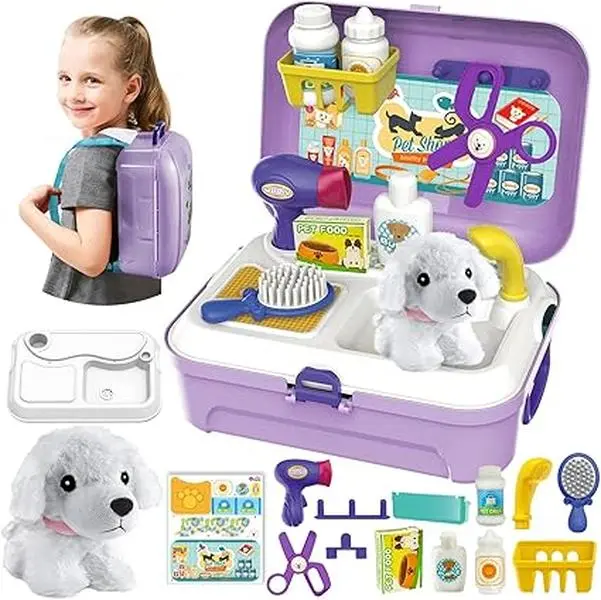 Kids Vet Kit Dog Grooming Toy Pet Care Role Play Games Animal Dolls Pretend Play Pet Carrier Set Toys 3 4 5 Year Old Girls Boys Children Gifts 0