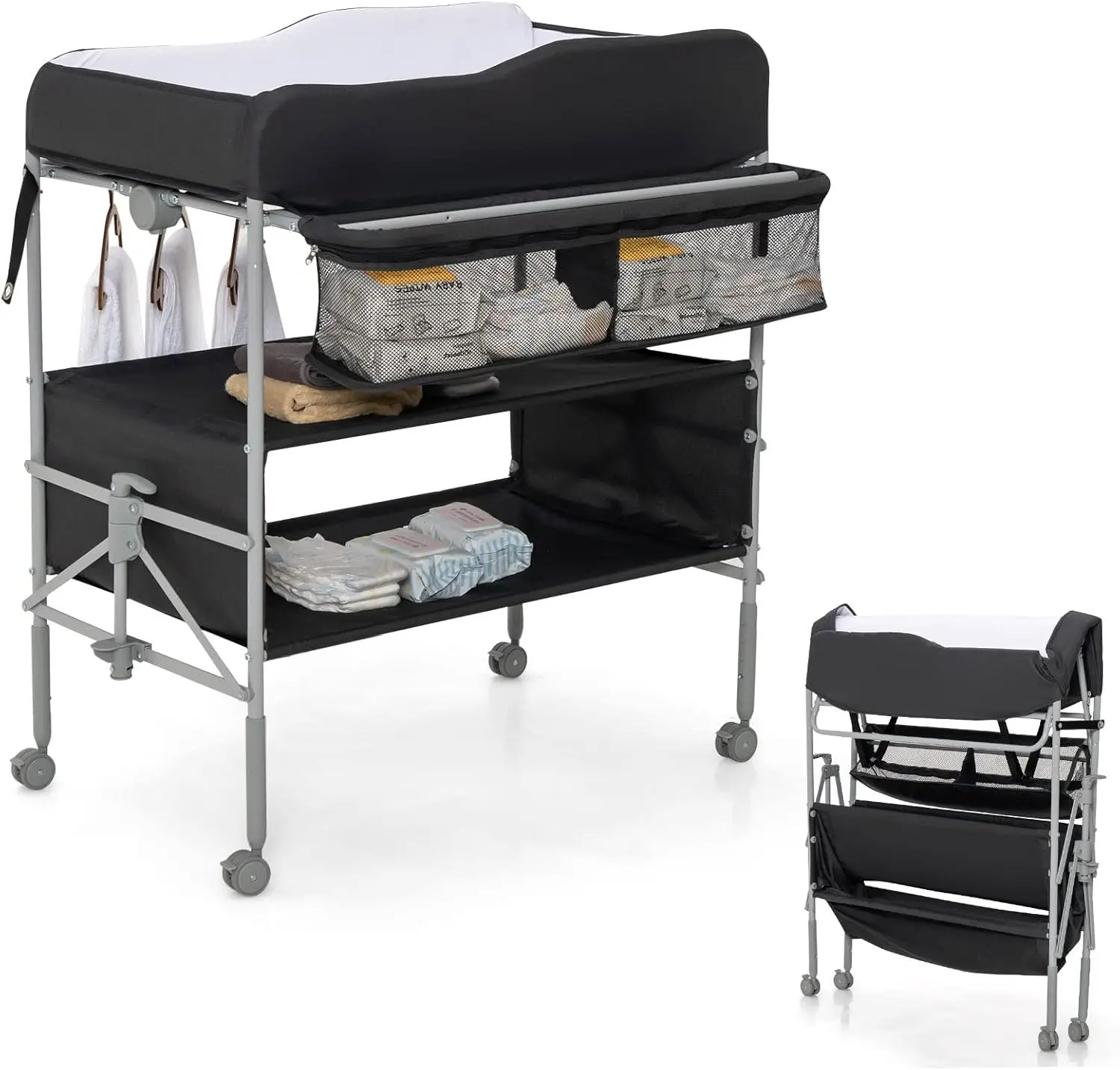 COSTWAY Baby Changing Table, Folding Nursery Changing Station with 4 Lockable Wheels, Rail, Storage Basket & Shelves, Height Adjustable Newborn Bath and Changer Unit Organizer