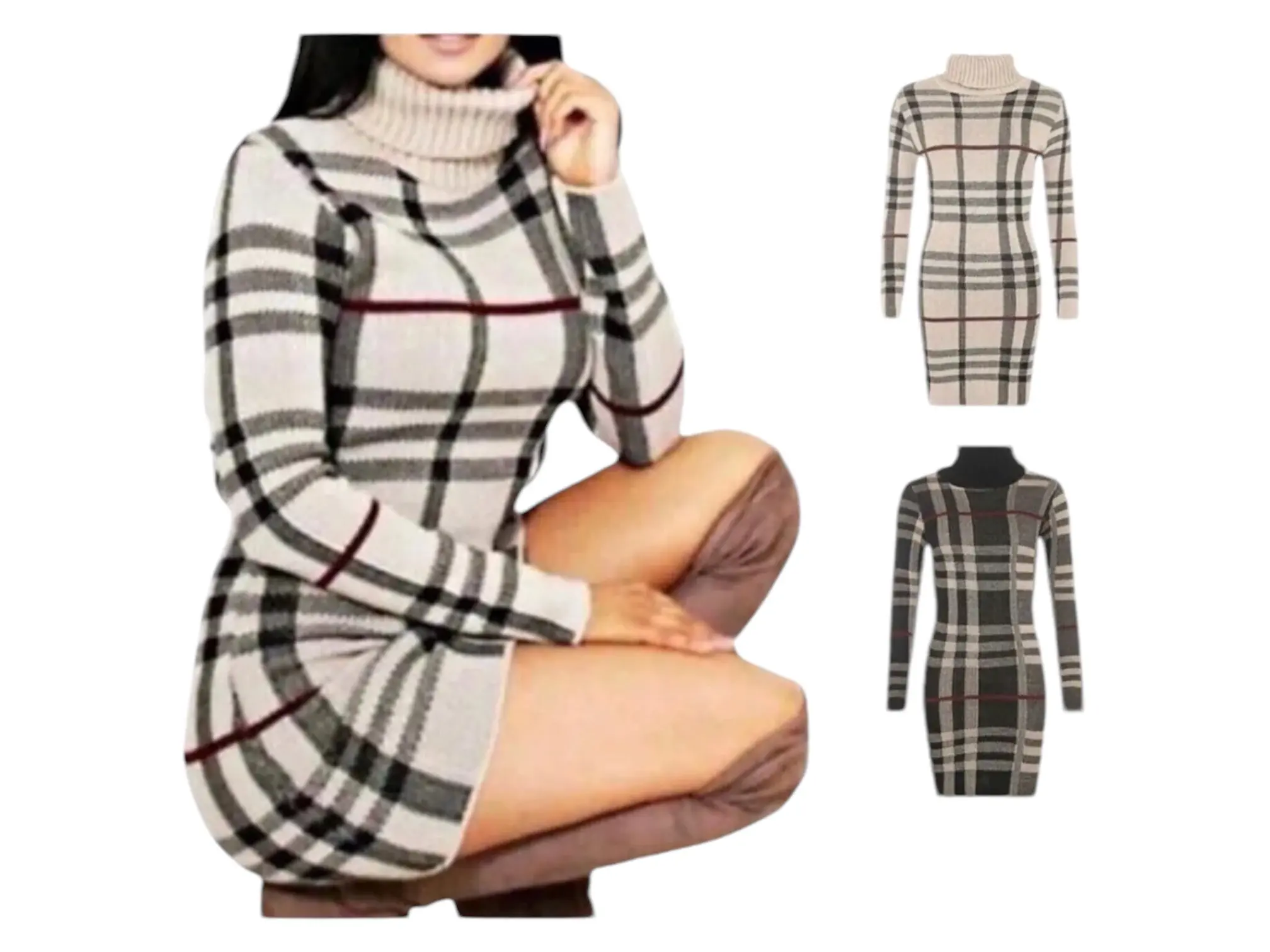 New Womens Polo Neck Tartan Knitted Midi Ladies Long Sleeve Bodycon Jumper Dress