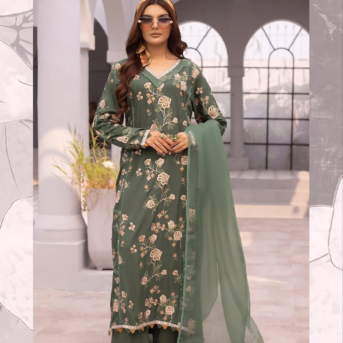 Simrans Dark Green Stitched Ethnic Lux Linen Embroidered Dress for Women - Elegance, Casual