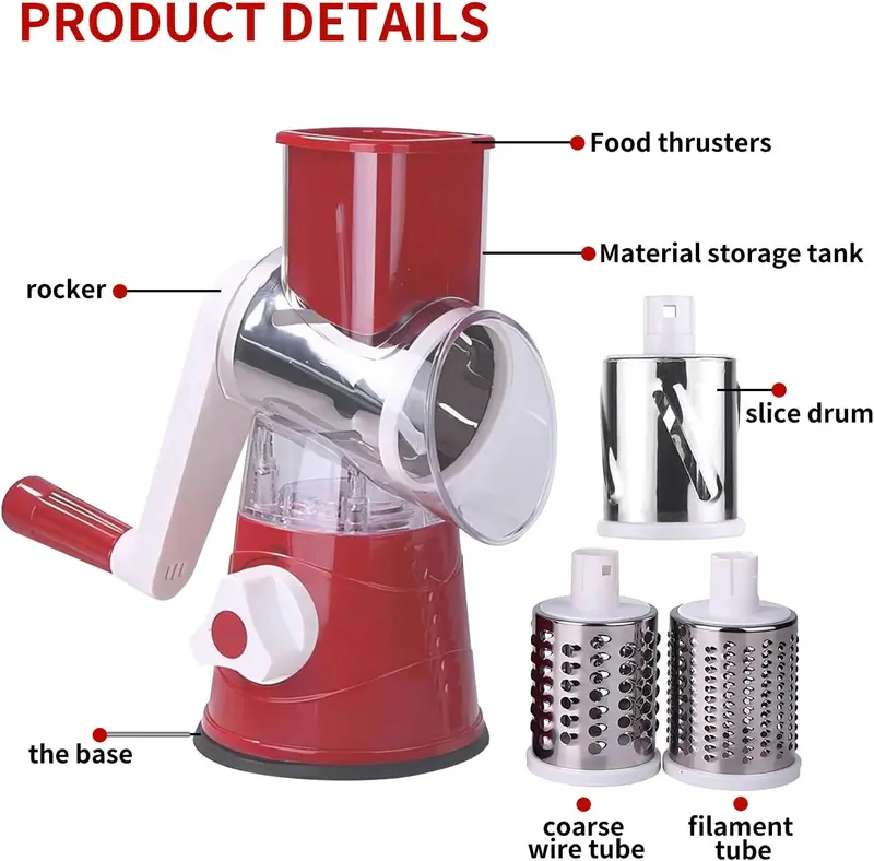 Rotary Cheese Grater - Vegetable Slicer with 3 Interchangeable Stainless Steel Drum Blades, Effortless Slicing and Dicing, 3-in-1 Handheld Vegetable Choppe for Cheese, Vegetables and Nuts Kitchen Utensils 2