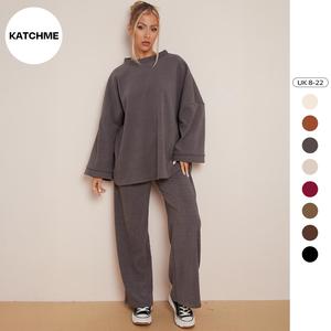 KatchMe Women's Casual Solid Color Loose Top & Wide Leg Pants Co-ord(8-18UK),Plain Two-Piece Outfits for Fall & Winter,Comfortable Womenswear