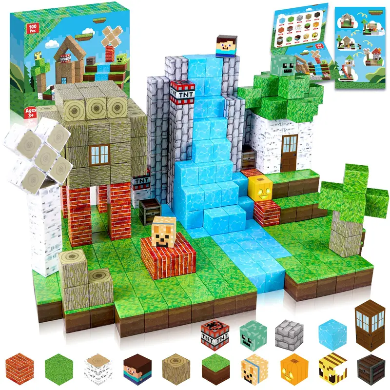 Magnetic Blocks-100PCS Magnetic Building Blocks Magnetic Tiles Stacking, Build Mine Magnet World Set, STEM Montessori Sensory Toys for over 3+ Kids Boys Girls ，Magic cubes magnet blocks 0