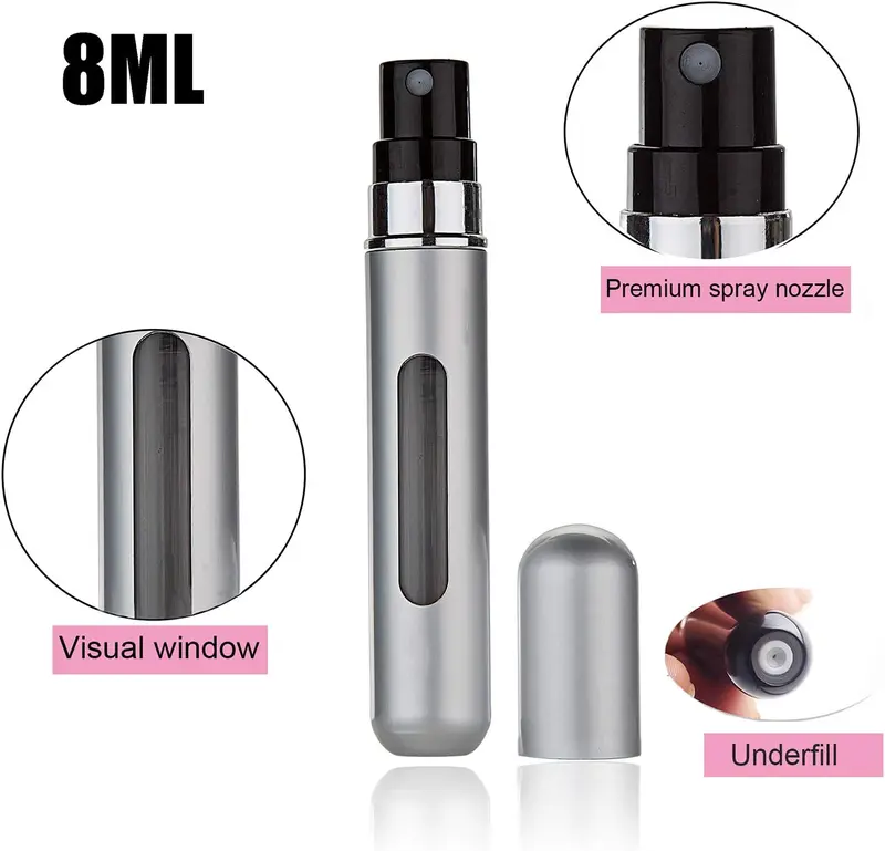Perfume Atomizer Refillable, 8 ml Refillable Atomiser Perfume Spray Bottle Mini Aluminium Container Cover Set Transparent Friend Window Glass Insert Plastic 2