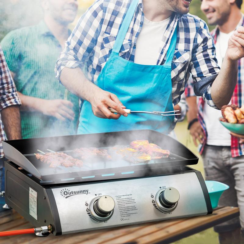 Outsunny Gas Plancha Barbecue Grill 6kW Portable Tabletop Gas BBQ w/ 2 Burners, Non-stick Hotplate, Drain Hole and Grease Collection Box 1