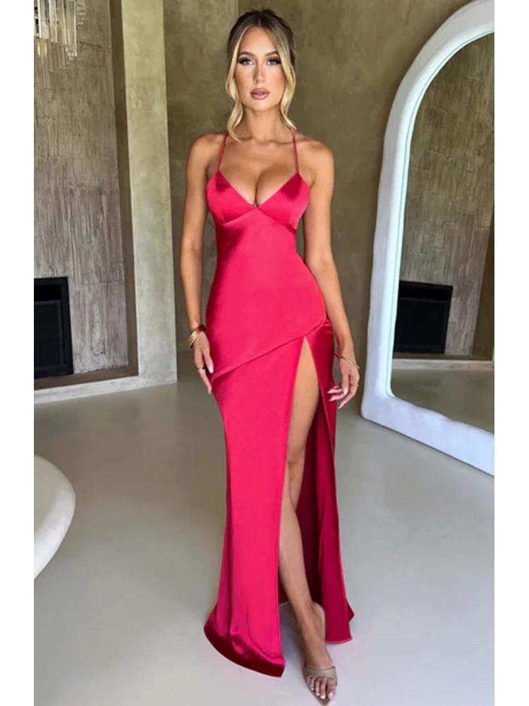 Product Introduction of Bandage Backless Elegant Dress Split Hem Spaghetti Strap Slim Cocktail Party Club Fashion Satin Solid Lace-Up Long Dresses 17