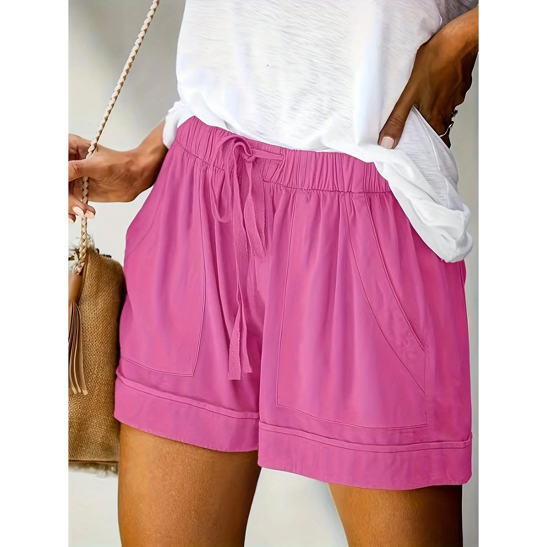 Drawstring Elastic Waist Shorts, Casual Comfortable Shorts With Pockets For Summer, Women's Clothing