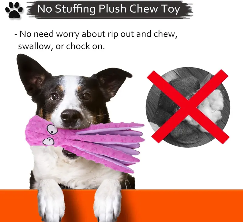 Squeaky Dog Interactive Play Toy,No Stuffing Octopus Dog Chew Toy with Crinkle Paper for Medium and Large Dog Playing(Purple) 2