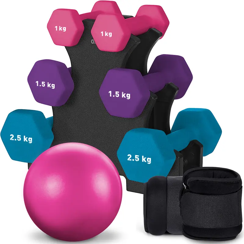 Hex Neoprene Dumbbells Tree set with Ankle weights Pilate and A Stand. Hand weights Pairs for Home Exercise 1