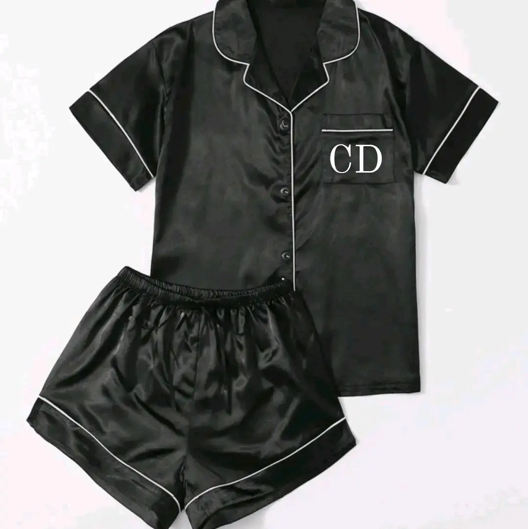 Black Satin Initials Personalised Pyjama Set