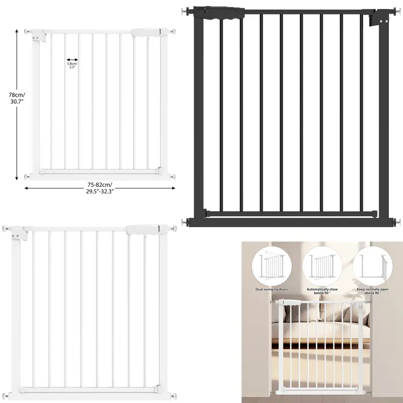 Portable Baby Gate Baby Safety Guard Gate 75-82 cm for Indoor Outdoor Stair Hall Doorway, Opens to Both Sides with One Hand,Dual swinging doors,Automatically Close 0