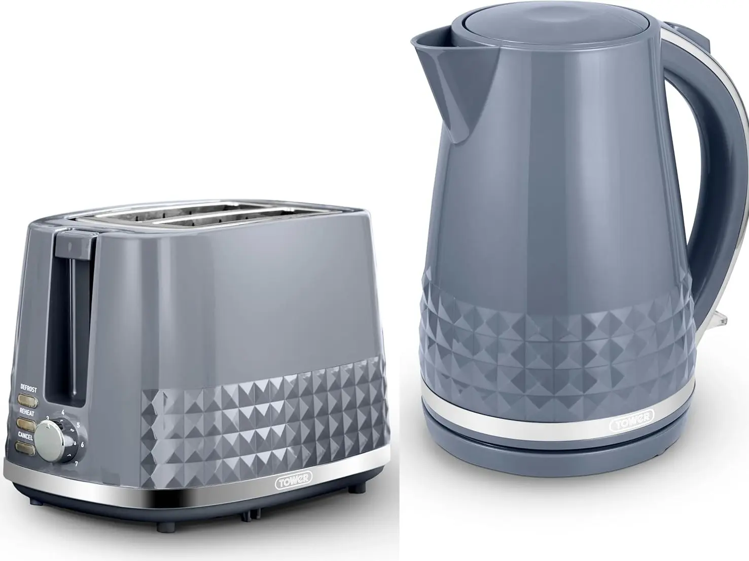Tower Solitaire Grey 1.5L 3KW Jug Kettle & 2 Slice Toaster. Matching Modern Design Kettle & Toaster Set in Grey with Chrome Accents
