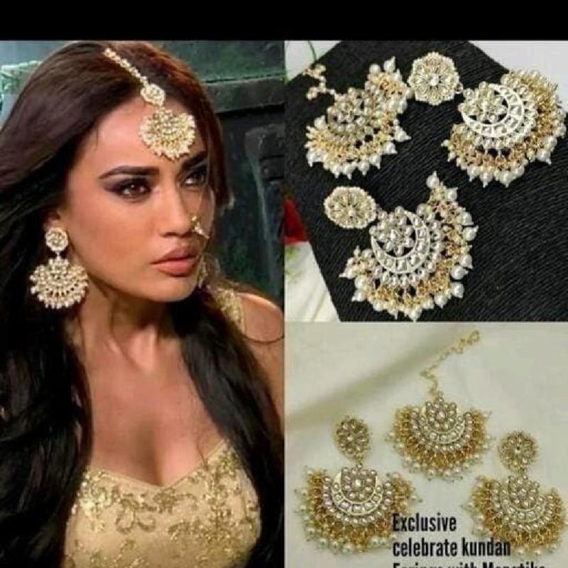 Kundan and pearls earrings with manntikka Anniversary Birthday Daily Engagement Wedding 1