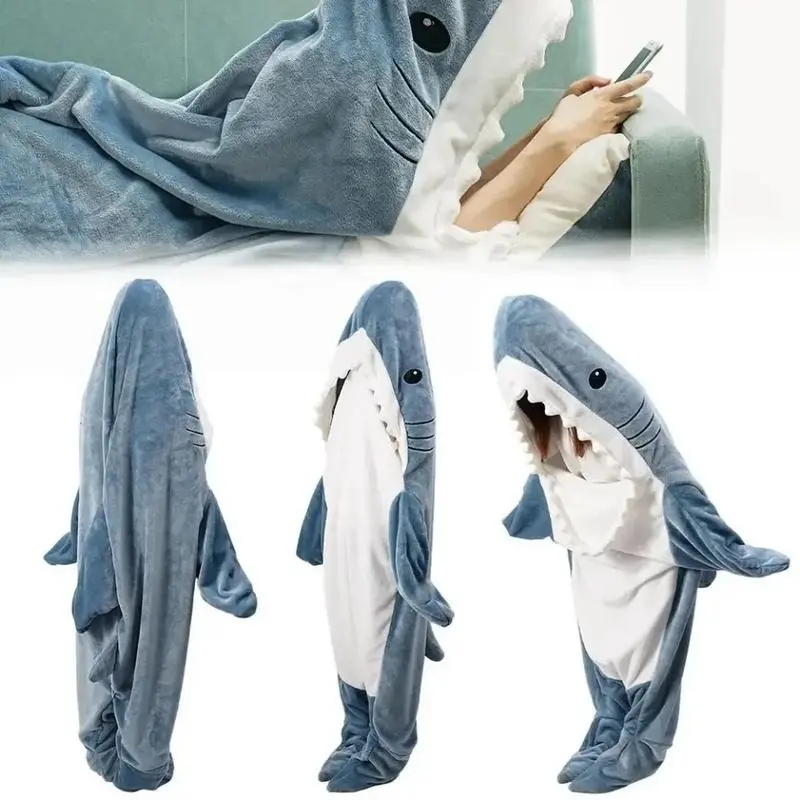Shark Blanket Adult Cartoon Sleeping Bag Pajama Hooded Warm Flannel Funny Homewear Shark Onesie Sleeping Bag Winter Warm Blanket Loungewear Nightwear 8