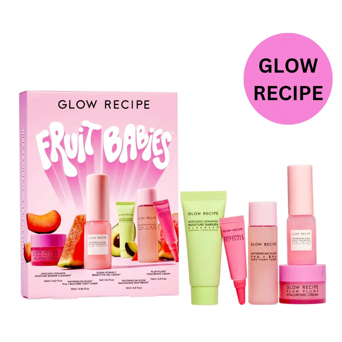 Glow Recipe Fruit Babies Routine Kit -Avocado Cleanser,Watermelon GlowPore-Tight Toner,Guava Vitamin C Cream,Watermelon Glow Dew Drops Plum Plump Hyaluronic Cream, Hydrating Moisture Skincare Daily