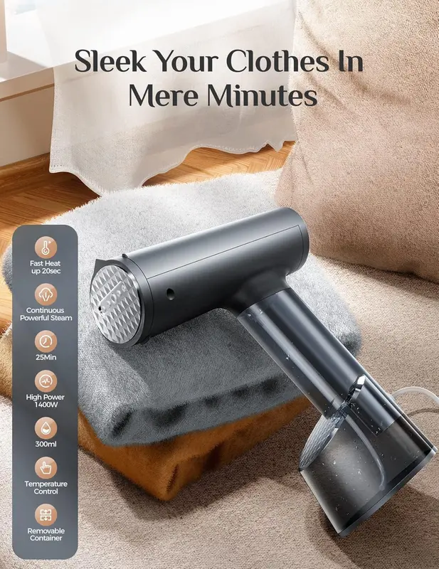 Mioduro Portable Garment Steamer - Fast Heating, 1400W Powerful, 250ml Large Water Tank, Vertical & Horizontal Steam Ironing for Wrinkle Removal - Ideal for Home & Travel 6