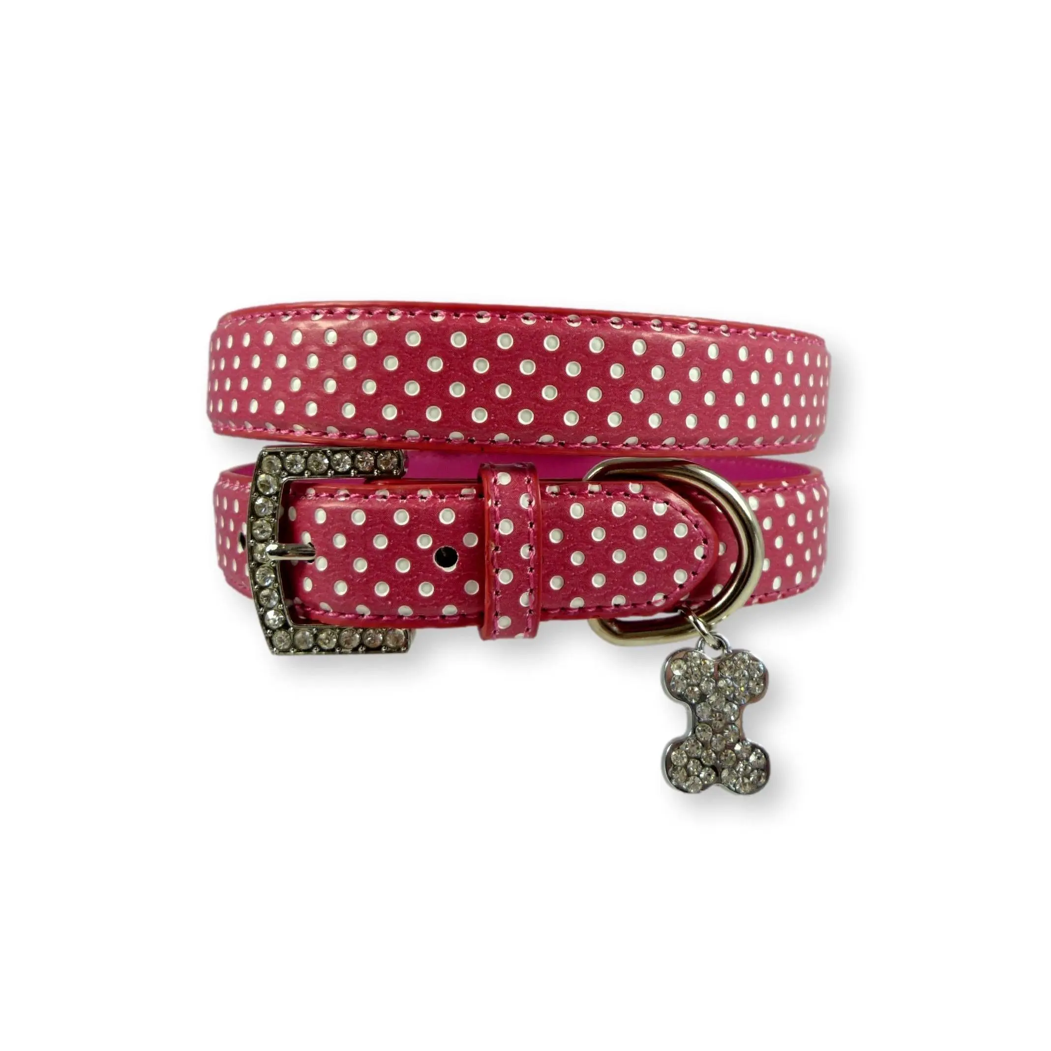Polka Dot Dog Collar with Bone Charm Pink