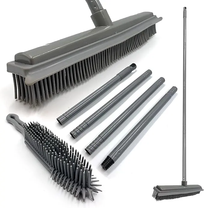 Silicone Cleaning Rubber Broom and Rubber Hand Brush Set Cleaner − Soft Broom Indoor Squeegee, Carpet Sweeper and Pet Hair Remover with 31cm Rubber Brush Head and 120cm 4-Section Metal Handle, Comes with a Rubber Carpet Brush, Free Shipping.