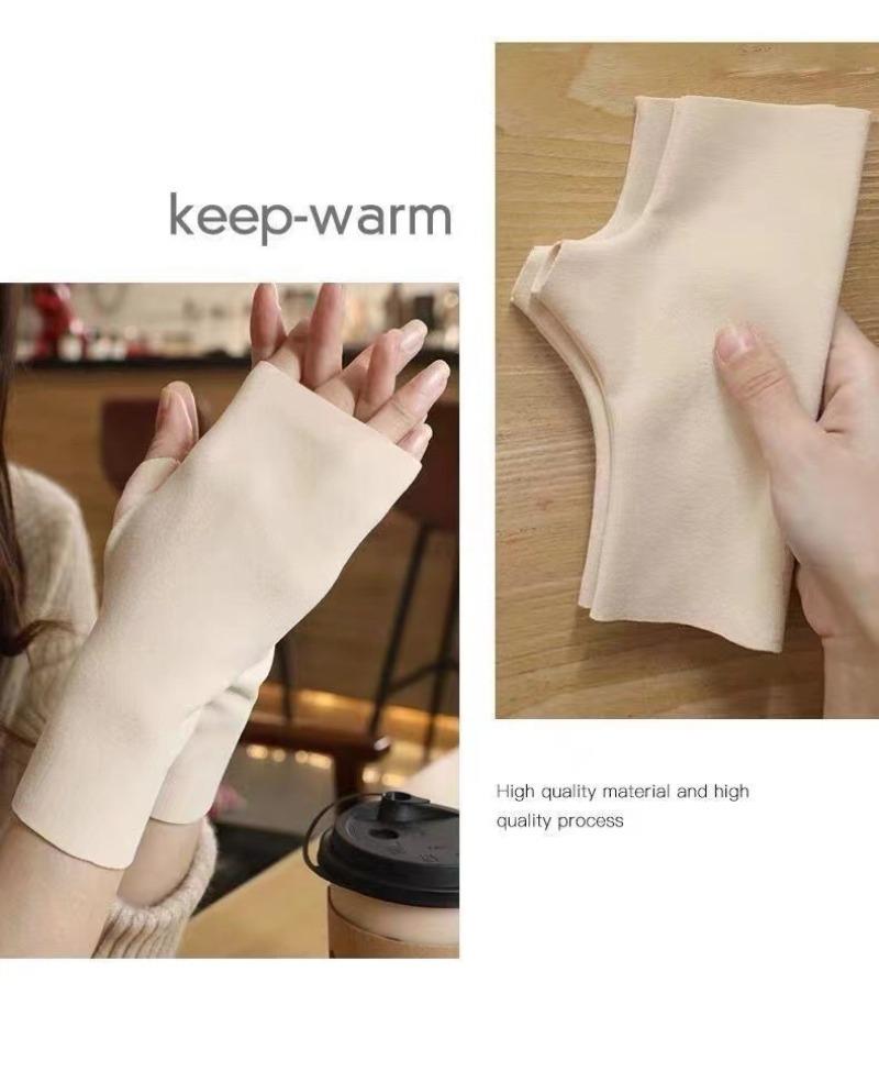 Product Introduction of Self-heating half-finger German velvet gloves Autumn and winter students writing office short fingertip warm wrist guard driving and riding 1