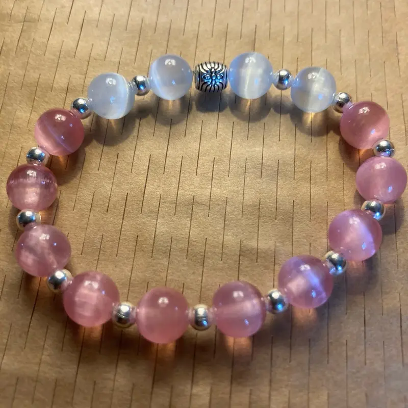 Pretty pink & moon shine light blue selenite crystal bracelet, homemade with love, size to fit all! 1
