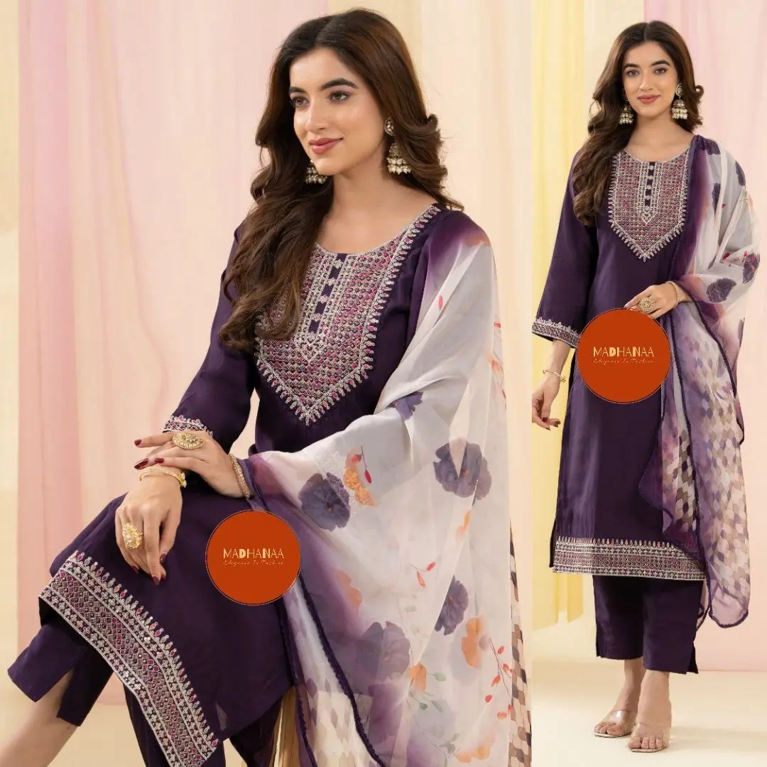 Roman silk 3pcs thread work suit with floral print dupatta|DN034|Casual womenswear