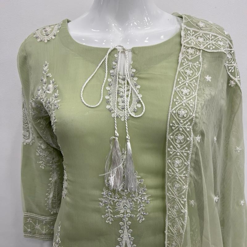 Iqrah chiffon suit with white Mint green 1
